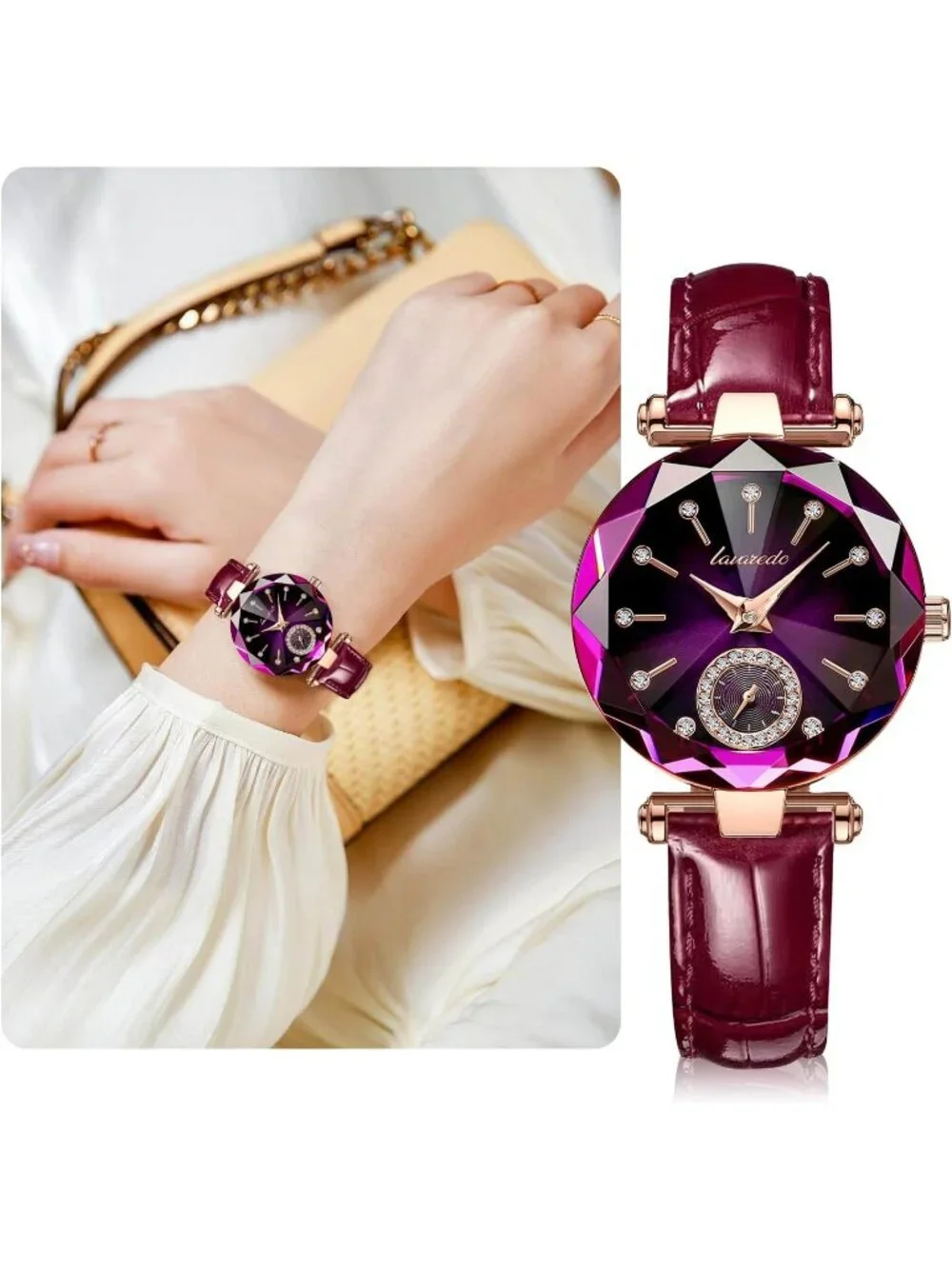 Womens Red Purple Elegant Leather Strap Analog Creative Diamond Dial Wrist Watch